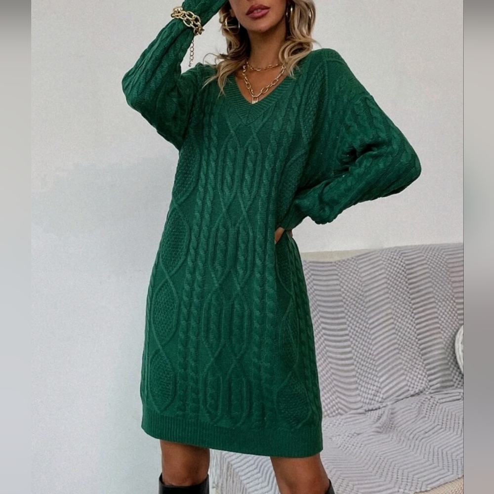 NEW Cable Knit Long Sleeve Sweater Dress Deep Green - Picture 5 of 9